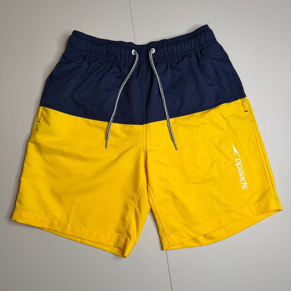 Speedo Mens Small Swim Trunks Navy Blue Yellow Colorblock Mesh Lined